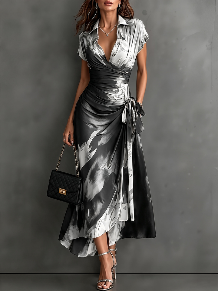 Brown Black Abstract Print Wrap Midi Dress Collared V Neck Short Sleeve Tie Waist Ruffled High‑Low Hem Dress