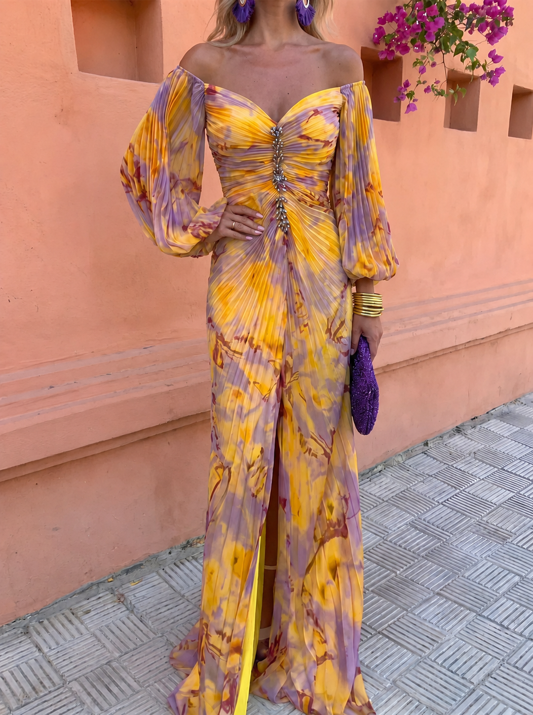 GRETA™ | LONG FLORAL DRESS WITH A DEEP NECKLINE